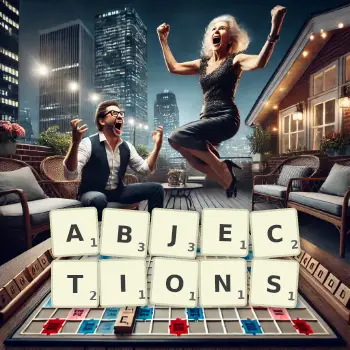 Creative illustration for a Scrabble game with the word ABJECTIONS spelled out in tiles on the board.