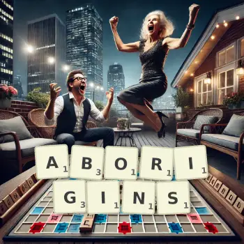Creative illustration for a Scrabble game with the word ABORIGINS spelled out in tiles on the board.