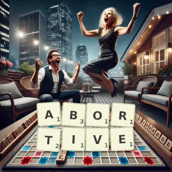 Creative illustration for a Scrabble game with the word ABORTIVE spelled out in tiles on the board.