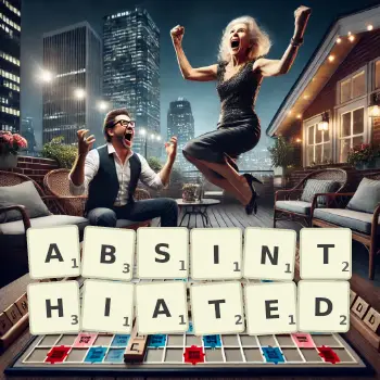 Creative illustration for a Scrabble game with the word ABSINTHIATED spelled out in tiles on the board.