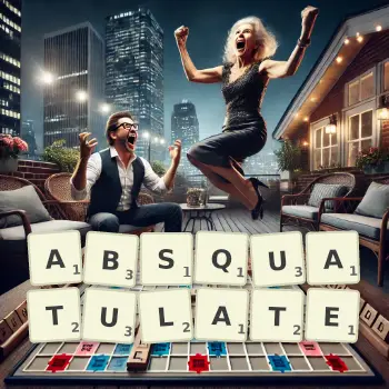 Creative illustration for a Scrabble game with the word ABSQUATULATE spelled out in tiles on the board.