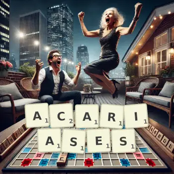 Creative illustration for a Scrabble game with the word ACARIASES spelled out in tiles on the board.
