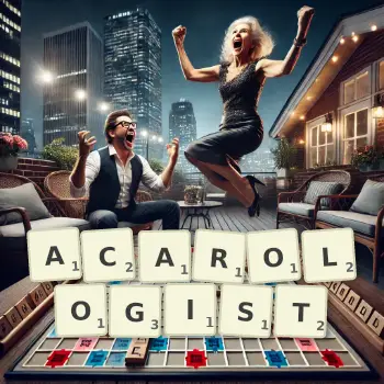 Creative illustration for a Scrabble game with the word ACAROLOGIST spelled out in tiles on the board.