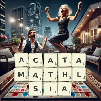 Creative illustration for a Scrabble game with the word ACATAMATHESIA spelled out in tiles on the board.