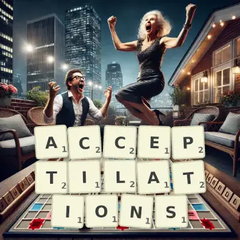 Creative illustration for a Scrabble game with the word ACCEPTILATIONS spelled out in tiles on the board.