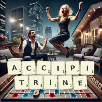 Creative illustration for a Scrabble game with the word ACCIPITRINE spelled out in tiles on the board.