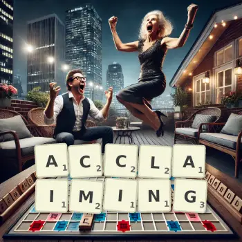 Creative illustration for a Scrabble game with the word ACCLAIMING spelled out in tiles on the board.