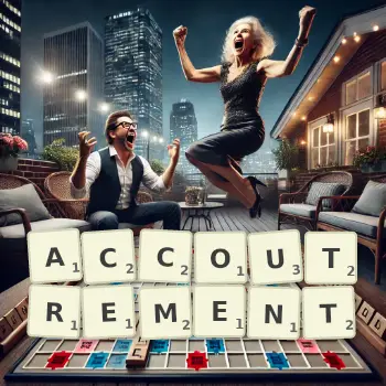 Creative illustration for a Scrabble game with the word ACCOUTREMENT spelled out in tiles on the board.