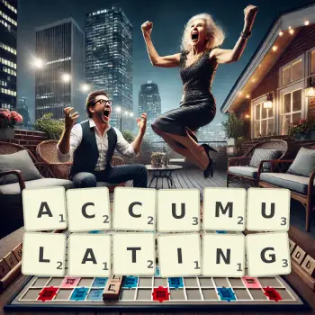 Creative illustration for a Scrabble game with the word ACCUMULATING spelled out in tiles on the board.
