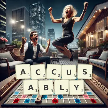 Creative illustration for a Scrabble game with the word ACCUSABLY spelled out in tiles on the board.
