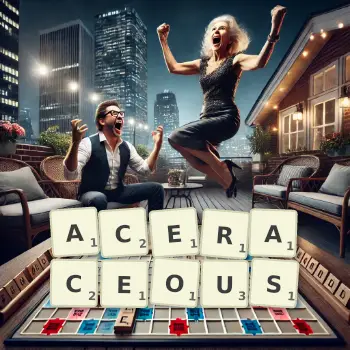 Creative illustration for a Scrabble game with the word ACERACEOUS spelled out in tiles on the board.