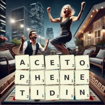 Creative illustration for a Scrabble game with the word ACETOPHENETIDIN spelled out in tiles on the board.