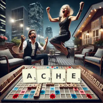 Creative illustration for a Scrabble game with the word ACHE spelled out in tiles on the board.