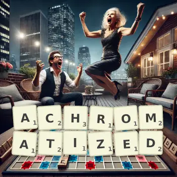 Creative illustration for a Scrabble game with the word ACHROMATIZED spelled out in tiles on the board.