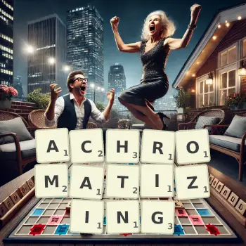 Creative illustration for a Scrabble game with the word ACHROMATIZING spelled out in tiles on the board.