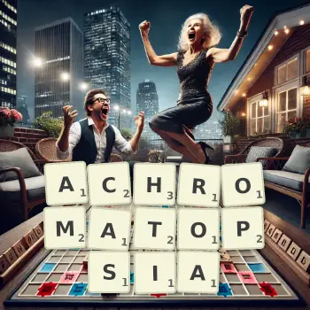 Creative illustration for a Scrabble game with the word ACHROMATOPSIA spelled out in tiles on the board.