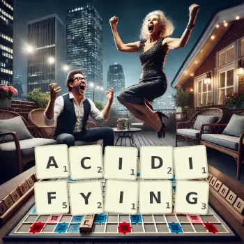 Creative illustration for a Scrabble game with the word ACIDIFYING spelled out in tiles on the board.