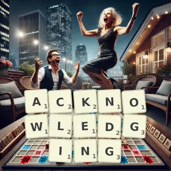 Creative illustration for a Scrabble game with the word ACKNOWLEDGING spelled out in tiles on the board.