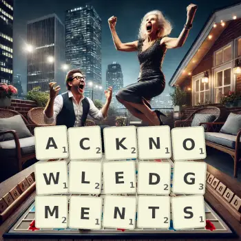 Creative illustration for a Scrabble game with the word ACKNOWLEDGMENTS spelled out in tiles on the board.