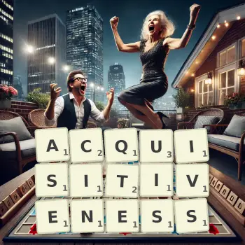 Creative illustration for a Scrabble game with the word ACQUISITIVENESS spelled out in tiles on the board.