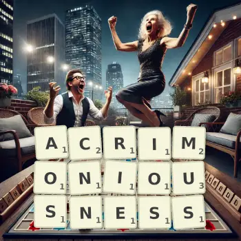 Creative illustration for a Scrabble game with the word ACRIMONIOUSNESS spelled out in tiles on the board.