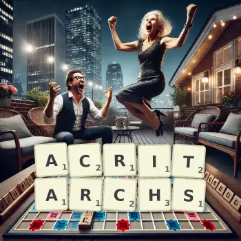 Creative illustration for a Scrabble game with the word ACRITARCHS spelled out in tiles on the board.