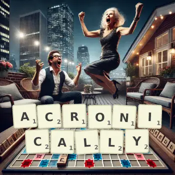 Creative illustration for a Scrabble game with the word ACRONICALLY spelled out in tiles on the board.