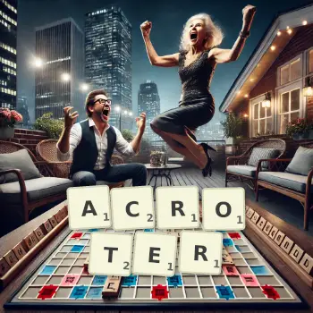 Creative illustration for a Scrabble game with the word ACROTER spelled out in tiles on the board.