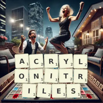 Creative illustration for a Scrabble game with the word ACRYLONITRILES spelled out in tiles on the board.