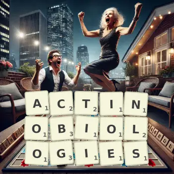 Creative illustration for a Scrabble game with the word ACTINOBIOLOGIES spelled out in tiles on the board.