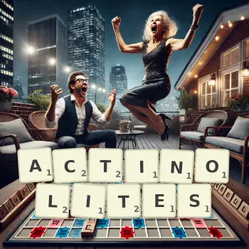Creative illustration for a Scrabble game with the word ACTINOLITES spelled out in tiles on the board.