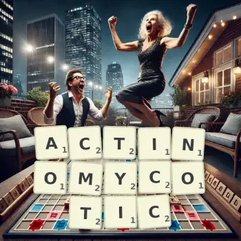 Creative illustration for a Scrabble game with the word ACTINOMYCOTIC spelled out in tiles on the board.