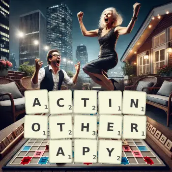 Creative illustration for a Scrabble game with the word ACTINOTHERAPY spelled out in tiles on the board.