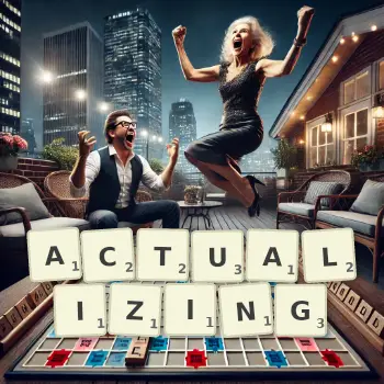 Creative illustration for a Scrabble game with the word ACTUALIZING spelled out in tiles on the board.