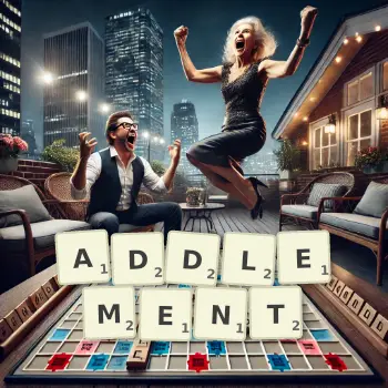 Creative illustration for a Scrabble game with the word ADDLEMENT spelled out in tiles on the board.