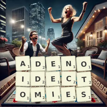 Creative illustration for a Scrabble game with the word ADENOIDECTOMIES spelled out in tiles on the board.