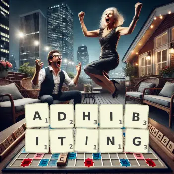 Creative illustration for a Scrabble game with the word ADHIBITING spelled out in tiles on the board.