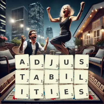 Creative illustration for a Scrabble game with the word ADJUSTABILITIES spelled out in tiles on the board.