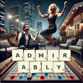 Creative illustration for a Scrabble game with the word ADMIRABLY spelled out in tiles on the board.