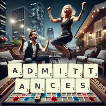 Creative illustration for a Scrabble game with the word ADMITTANCES spelled out in tiles on the board.