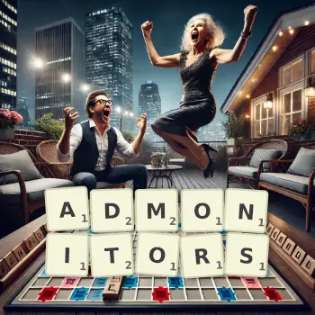 Creative illustration for a Scrabble game with the word ADMONITORS spelled out in tiles on the board.
