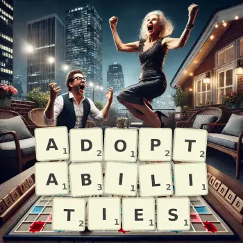 Creative illustration for a Scrabble game with the word ADOPTABILITIES spelled out in tiles on the board.