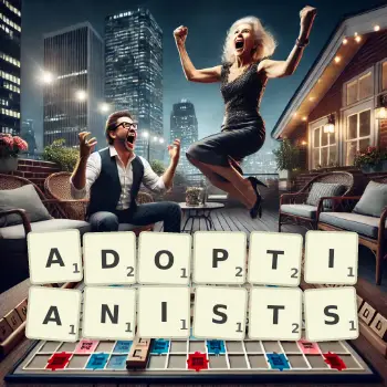 Creative illustration for a Scrabble game with the word ADOPTIANISTS spelled out in tiles on the board.