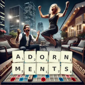 Creative illustration for a Scrabble game with the word ADORNMENTS spelled out in tiles on the board.