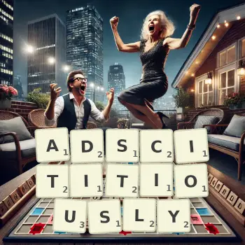Creative illustration for a Scrabble game with the word ADSCITITIOUSLY spelled out in tiles on the board.