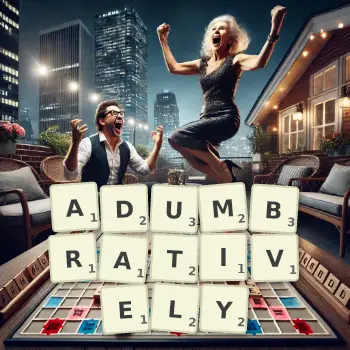 Creative illustration for a Scrabble game with the word ADUMBRATIVELY spelled out in tiles on the board.