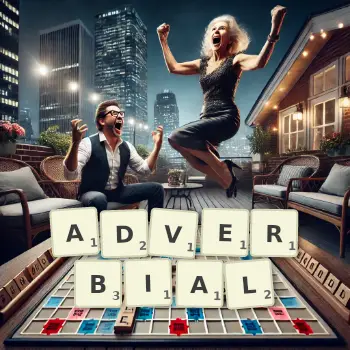 Creative illustration for a Scrabble game with the word ADVERBIAL spelled out in tiles on the board.
