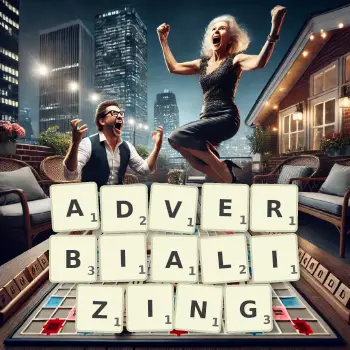 Creative illustration for a Scrabble game with the word ADVERBIALIZING spelled out in tiles on the board.