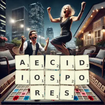 Creative illustration for a Scrabble game with the word AECIDIOSPORES spelled out in tiles on the board.