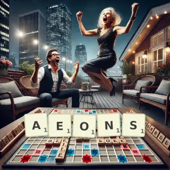 Creative illustration for a Scrabble game with the word AEONS spelled out in tiles on the board.
